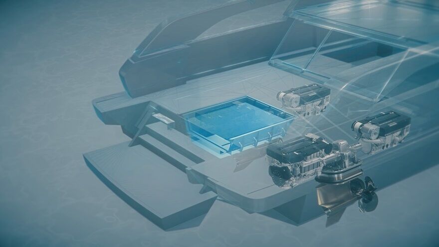 Vista 3D trasparente di un grande yacht che mostra la disposizione dei motori e del sistema di propulsione.