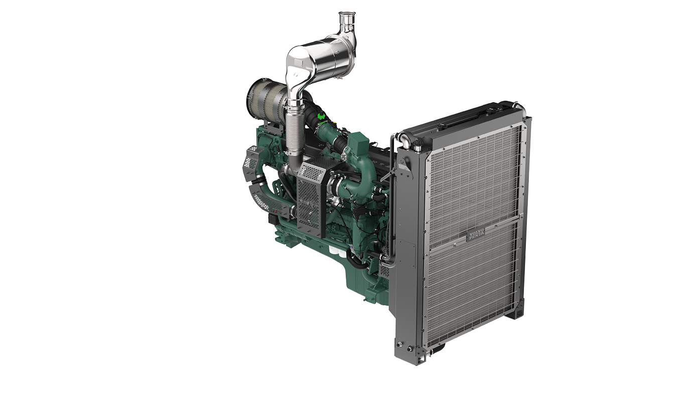 Volvo Penta industrial engine with integrated cooling radiator and exhaust system for off-highway applications.