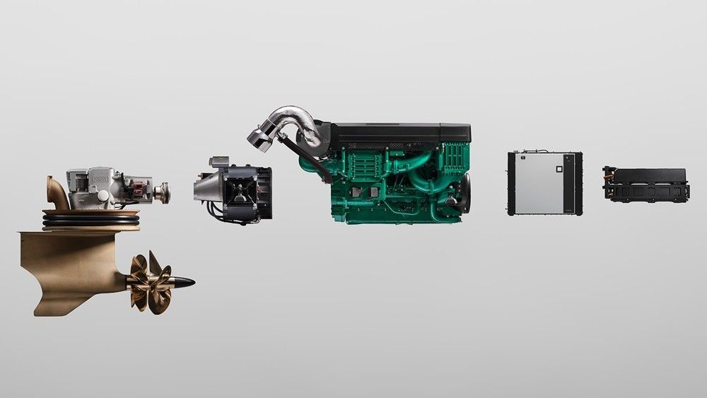 Exploded view of Volvo Penta hybrid-electric marine propulsion system with engine, battery, and drive components.