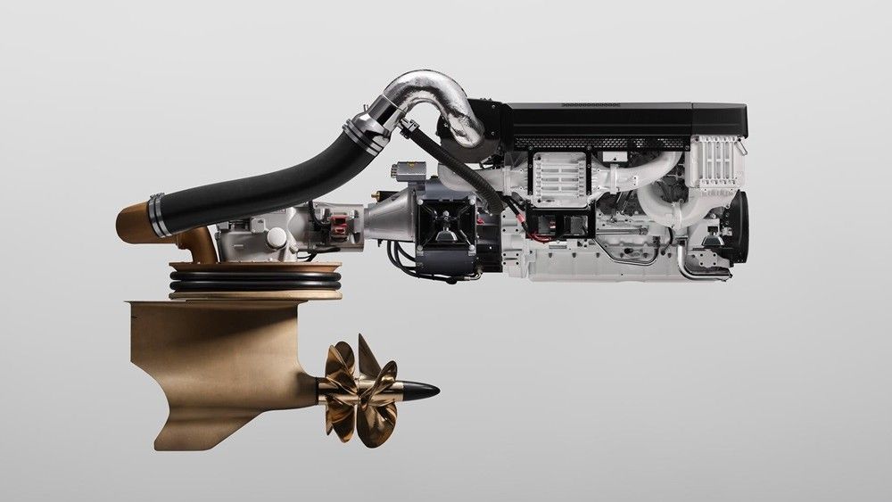 Volvo Penta hybrid marine propulsion system with electric drive and bronze propeller unit.