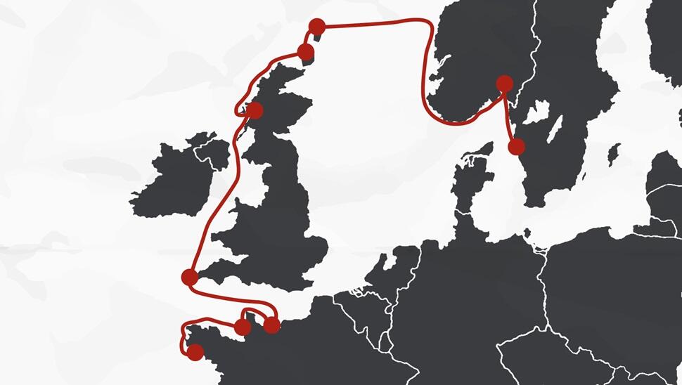 The Viking route from Sweden, via Great Britain, to France