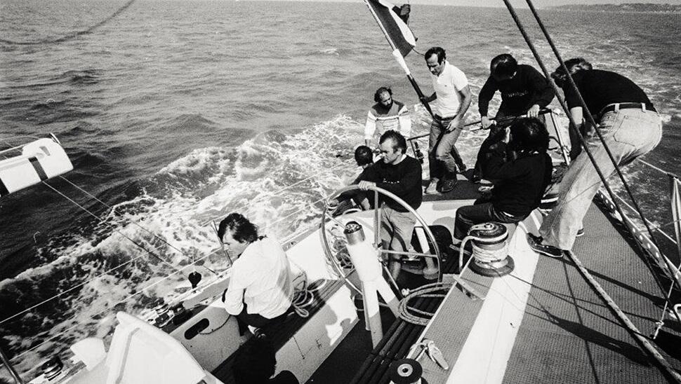 Bernard Deguy on board the boat Neptune in 1977 for the Whitbread Around the World Race