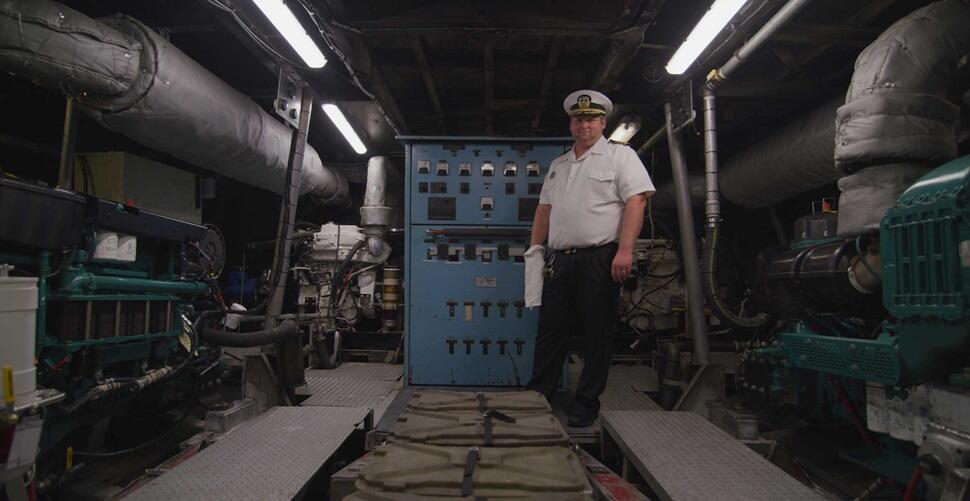 Passenger Vessel Captain in the engine room with Volvo Penta D13 engines